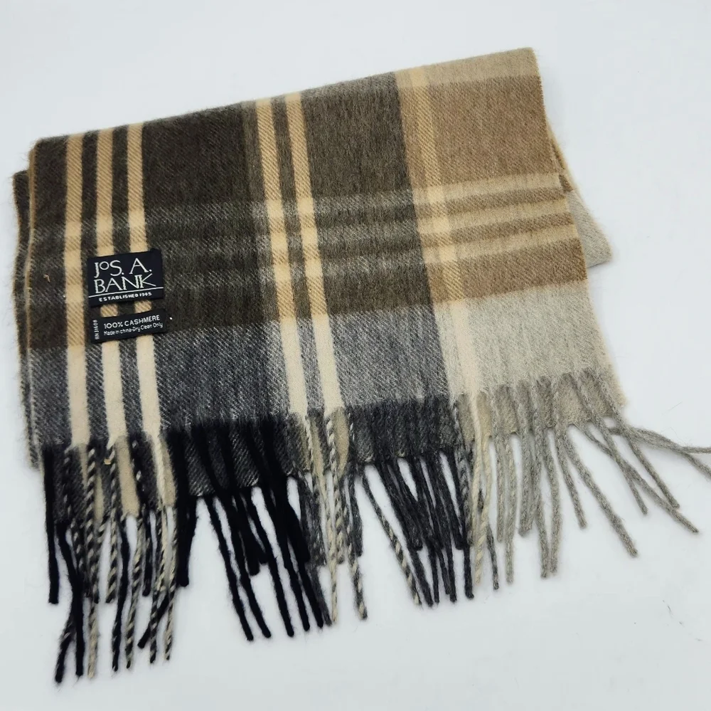 Joseph A Bank Cashmere Plaid Scarf In Cream Brown Tan Grey With Frange 70